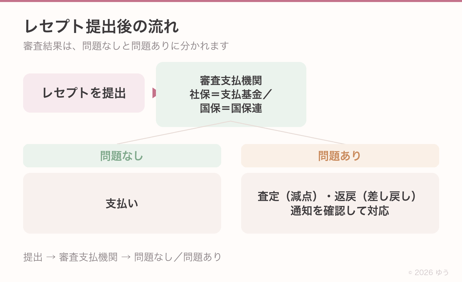2枚構成。1枚目=レセプト提出後の1枚フロー。提出→審査支払機関(社保=支払基金/国保=国保連)→問題なし=支払い/問題あり=査定(減点)・返戻(差し戻し)→情報が届く→対応/2枚目=届いた通知の見取り図。