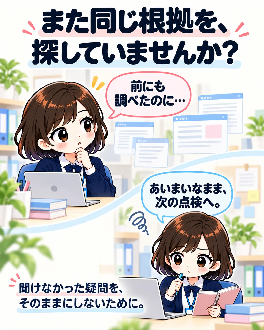 また同じ根拠を、探していませんか? 前にも調べたのに…。あいまいなまま、次の点検へ。聞けなかった疑問を、そのままにしないために。