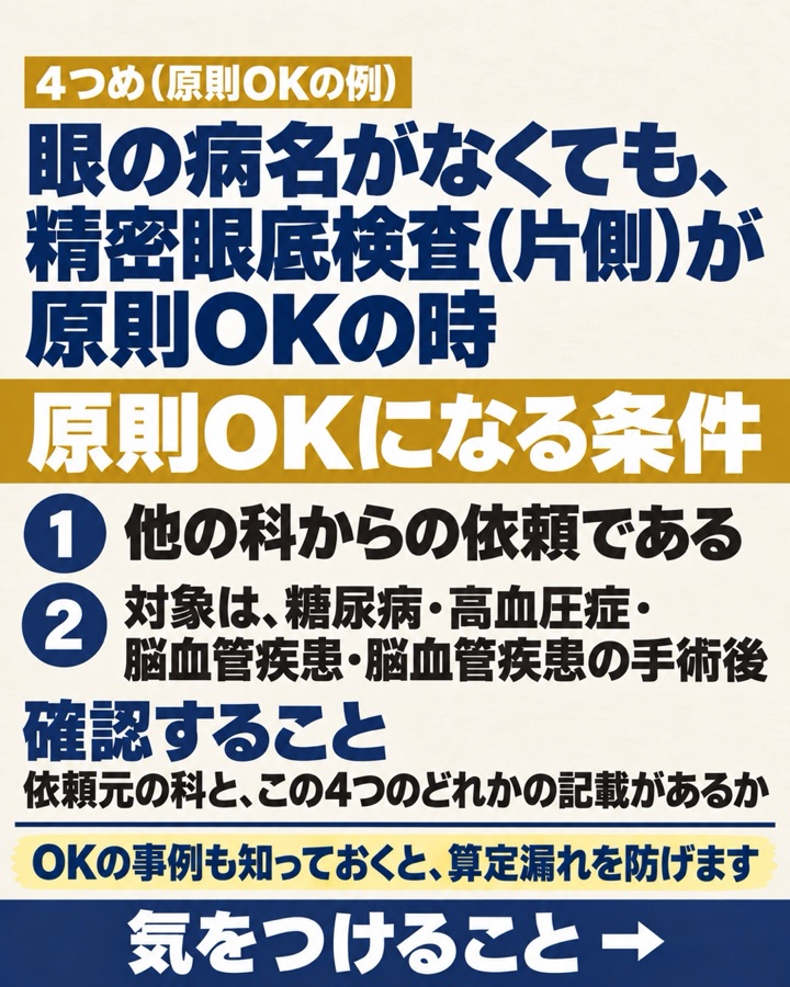 4つめの事例の要約。眼の病名がなくても、精密眼底検査(片側)が原則OKになる条件は、他の科からの依頼であること、対象が糖尿病・高血圧症・脳血管疾患・脳血管疾患の手術後であること。確認することは、依頼元の科と4つのどれかの記載があるか