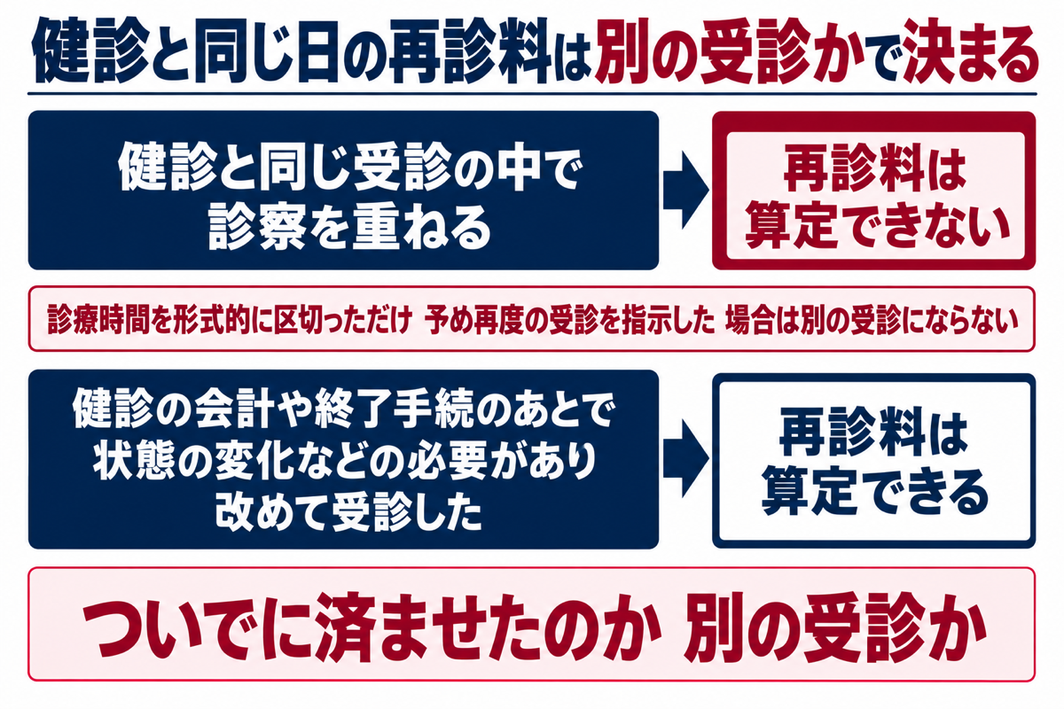 健診と同じ日の再診料は別に診たかで決まる。健診と同じ行為をもう一度診察として算定すると再診料は算定できない。健診とは別に独立した診察をしていれば再診料は算定できる