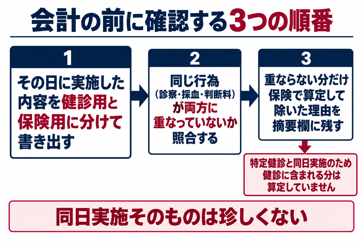 会計の前に確認する3つの順番。その日に実施した内容を健診用と保険用に分けて書き出す、同じ行為が両方に重なっていないか照合する、重ならない分だけ保険で算定して除いた理由を摘要欄に残す